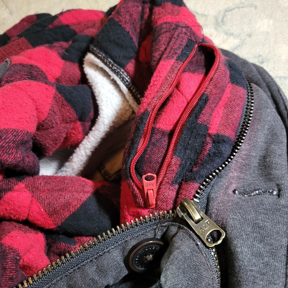 Abercrombie & Fitch Button Hoodie Mens M Gray Flannel-Lined Heavy Jacket Y2K - Picture 8 of 9